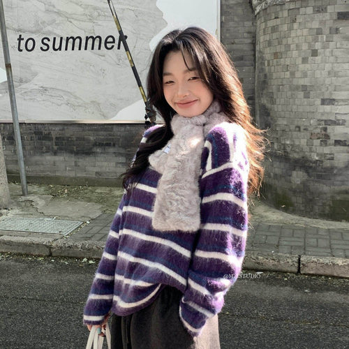 MZI STUDIO秋冬韩版复古风条纹舒适软糯套头圆领长袖毛衣女A80312