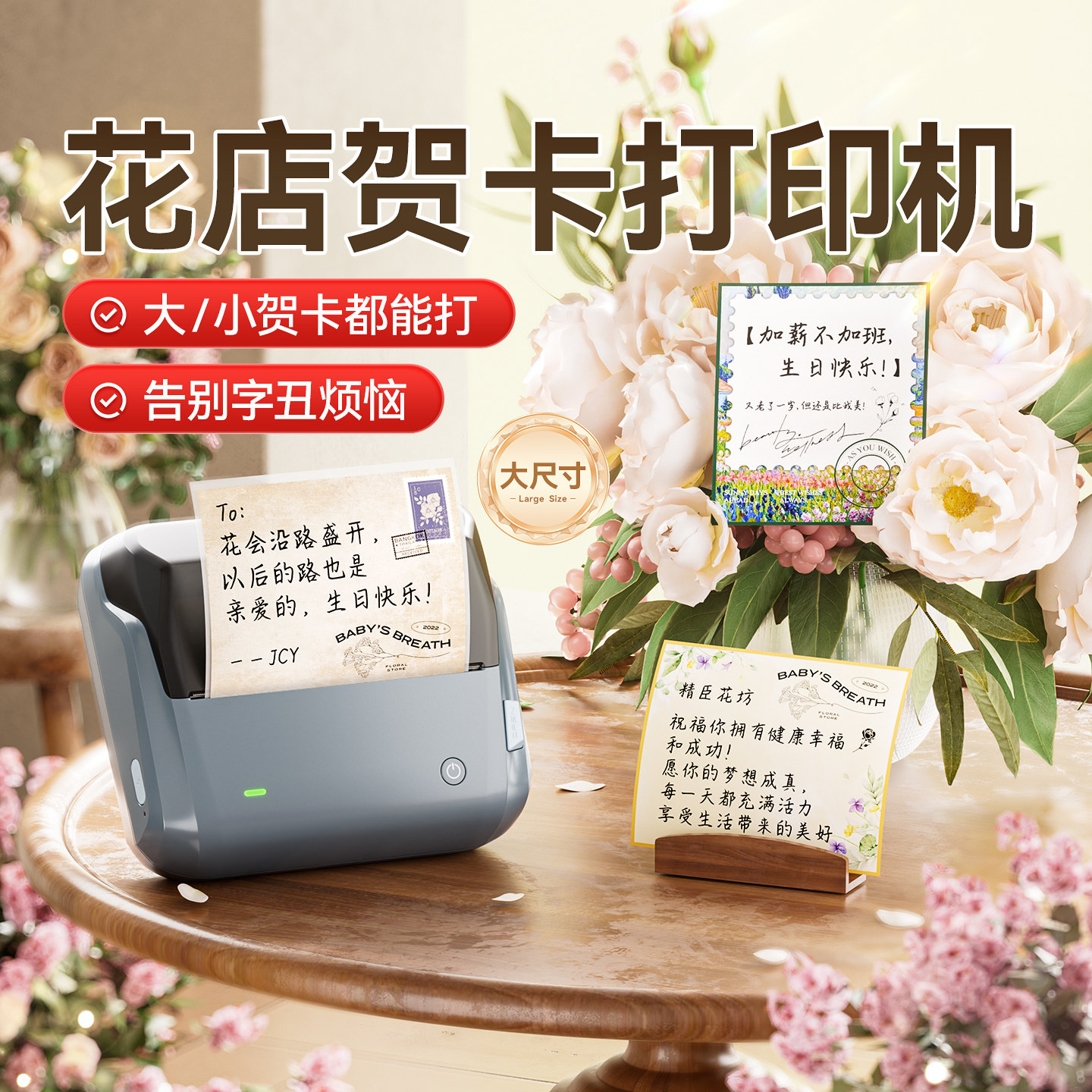 精臣B4大尺寸鲜花店贺卡打印机小卡片生日蛋糕祝福语花店LOGO商标二维码花艺绿植养护蓝牙便携小型标签打印机