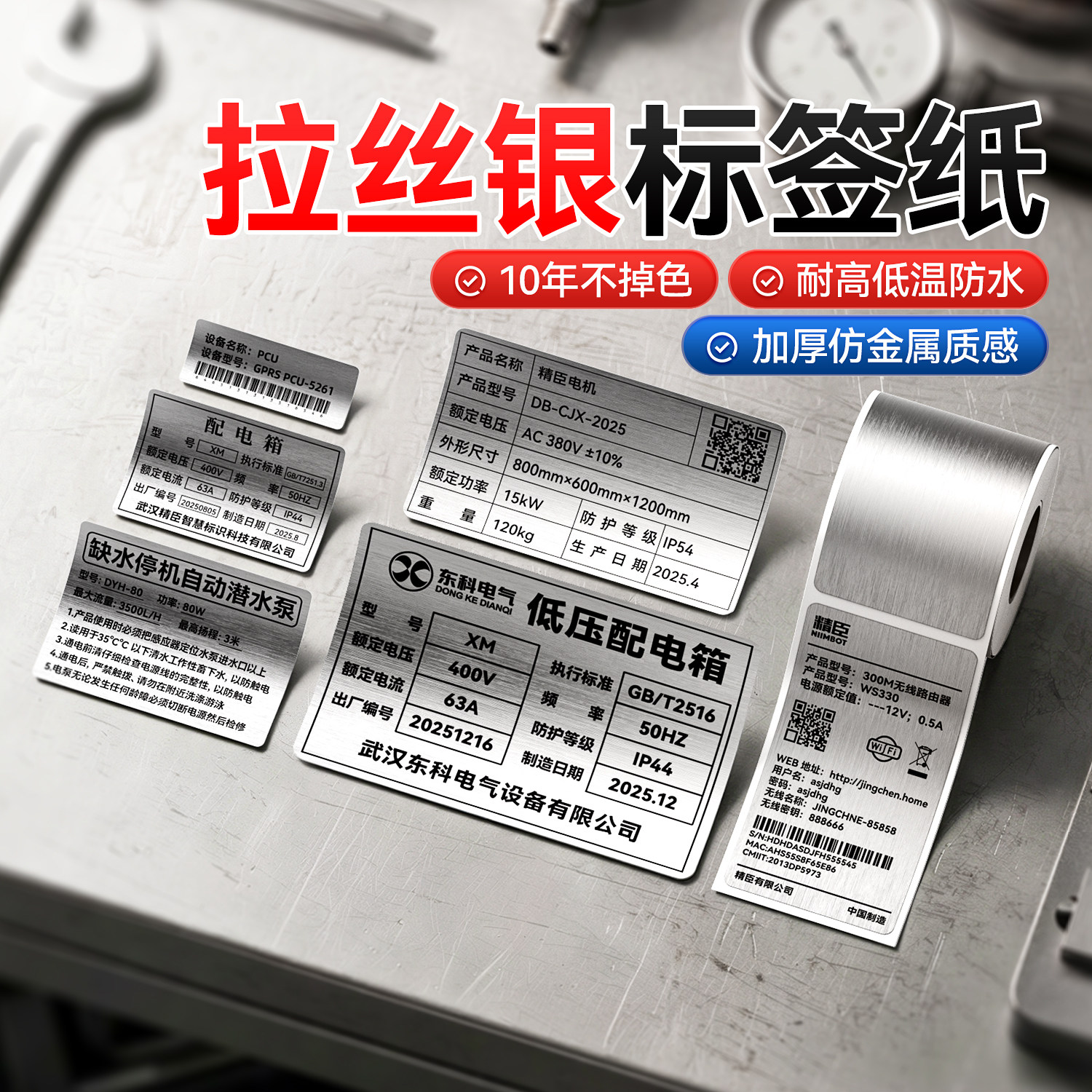 精臣M2/M3/B32/Z401热转印标签纸拉丝银耐高温配电柜标识牌仿金属铭牌设备电表配电箱不干胶标识贴纸标牌图片