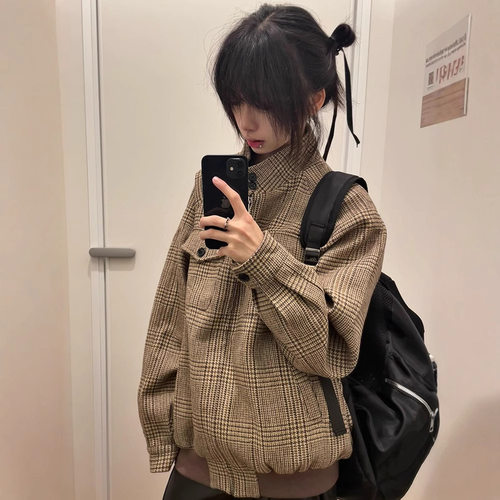 oclin千鸟格哈灵顿羊毛夹克男秋冬款高级感短款立领cleanfit外套