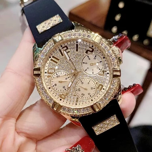 盖斯正品Guess手表女时尚奢华黑金三眼硅胶带欧美风石英表U1160L1