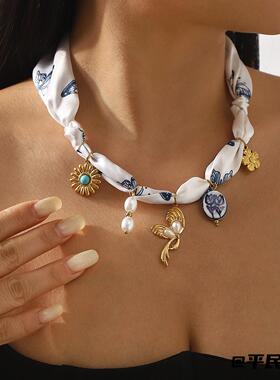 ZN0646花朵陶瓷吊坠丝带项链气质