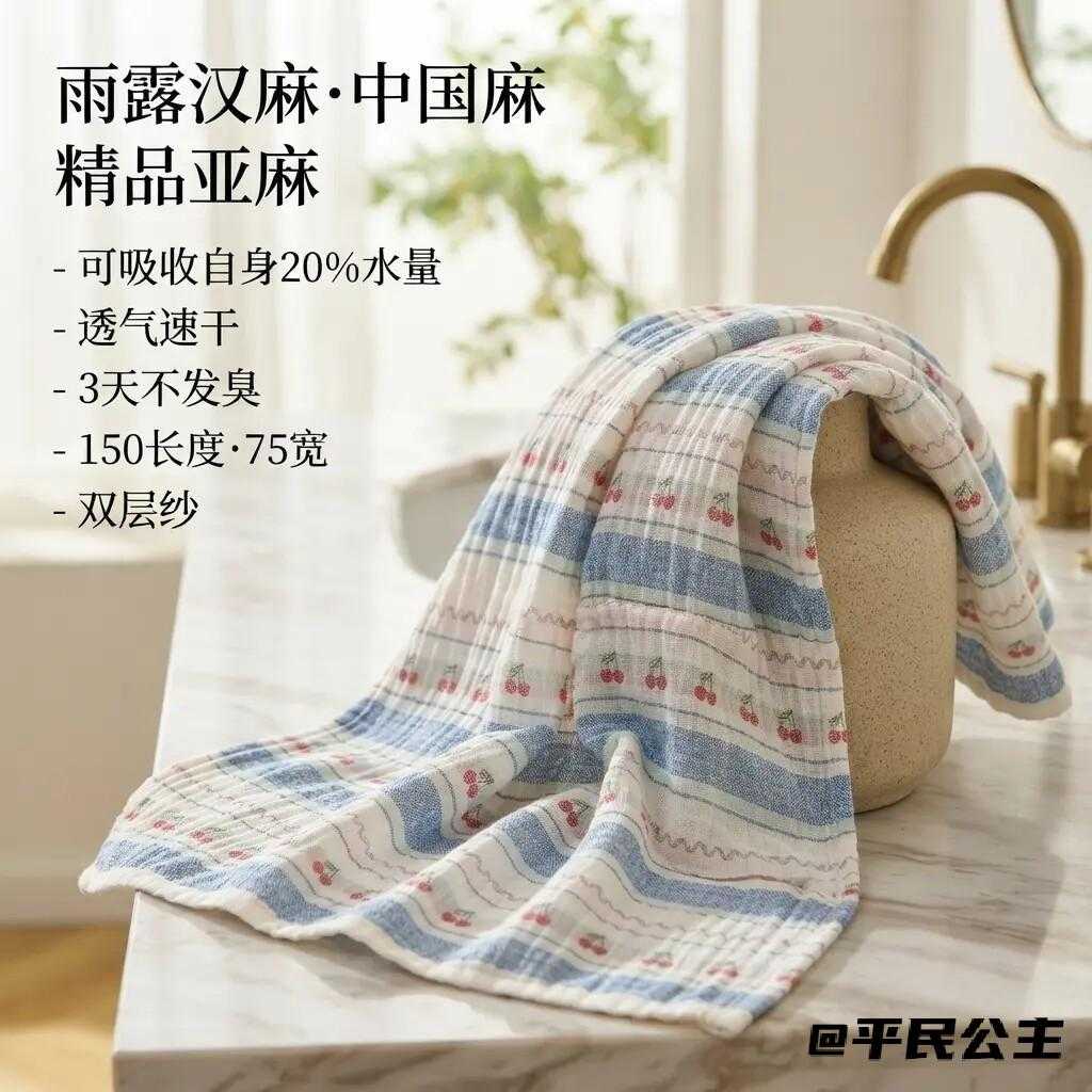 清新樱桃刺绣棉麻浴巾透气干爽双层纱布成人洗澡裹身大毛巾