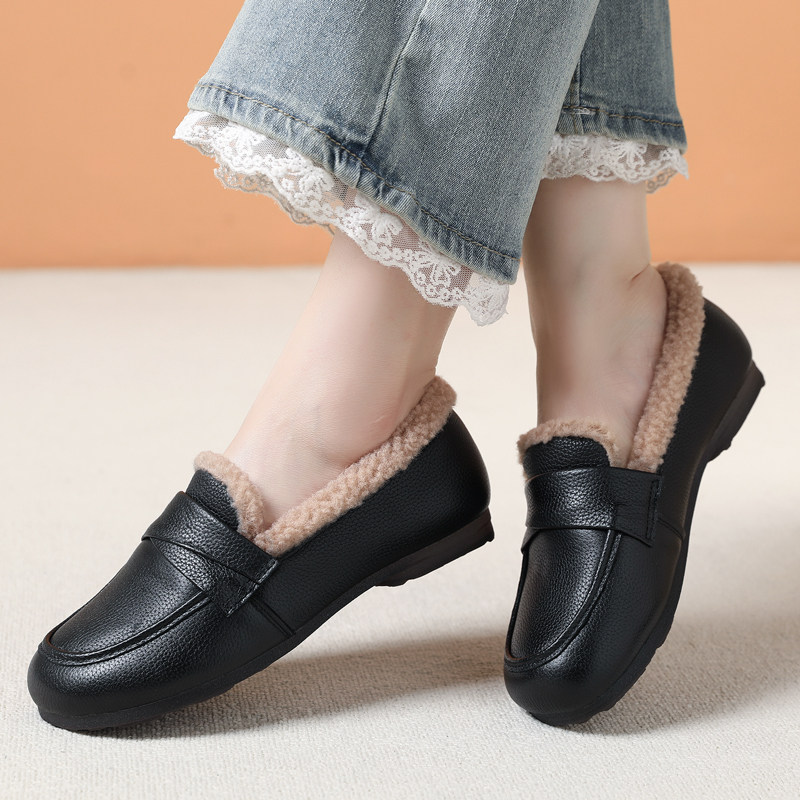 加绒真皮豆豆鞋中老年舒适棉鞋2025冬季新款加绒毛毛鞋平底妈妈鞋,女鞋,乐福鞋（豆豆鞋）,淘宝优惠券,粉丝福利购,淘宝优惠卷