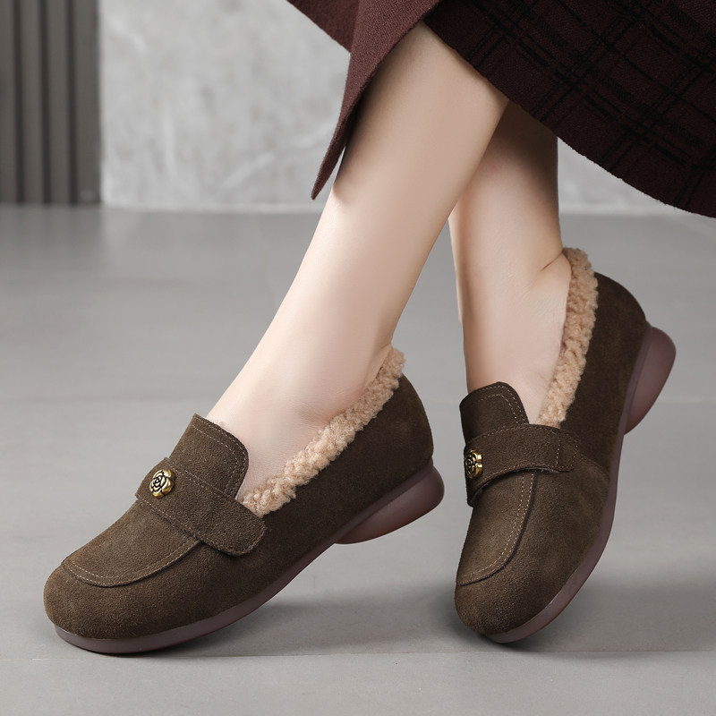 加绒平底豆豆鞋女真皮软底舒适棉鞋户外大码毛毛鞋冬一脚蹬勃肯鞋,女鞋,乐福鞋（豆豆鞋）,淘宝优惠券,粉丝福利购,淘宝优惠卷