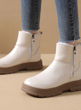 白色厚底雪地靴女真皮保暖羊毛短靴防滑软底妈妈鞋冬加绒加厚棉鞋