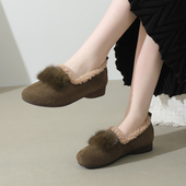 百搭舒适大码 时尚 外穿加绒棉鞋 真皮软底一脚蹬豆豆鞋 毛毛鞋 女冬季