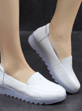 白色护士鞋女春秋新款真皮百搭浅口防滑单鞋休闲圆头平底工作鞋42