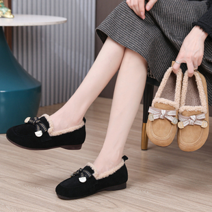 磨砂牛皮毛毛鞋平底豆豆鞋冬季加绒乐福鞋2025年新款保暖棉鞋