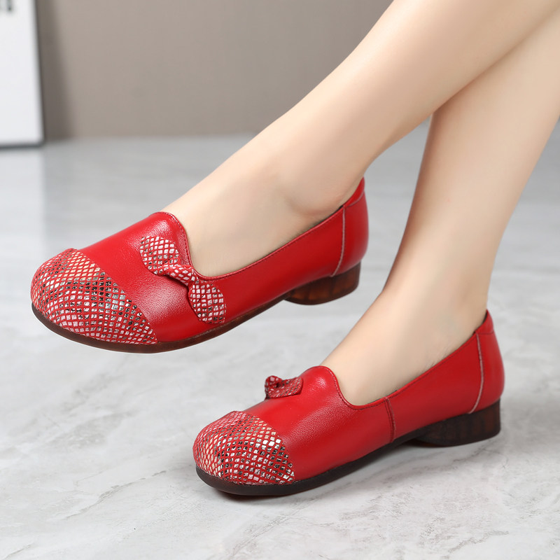 真皮妈妈鞋闰月红色平跟皮鞋牛筋底防滑软皮舒适中老年春秋单鞋34