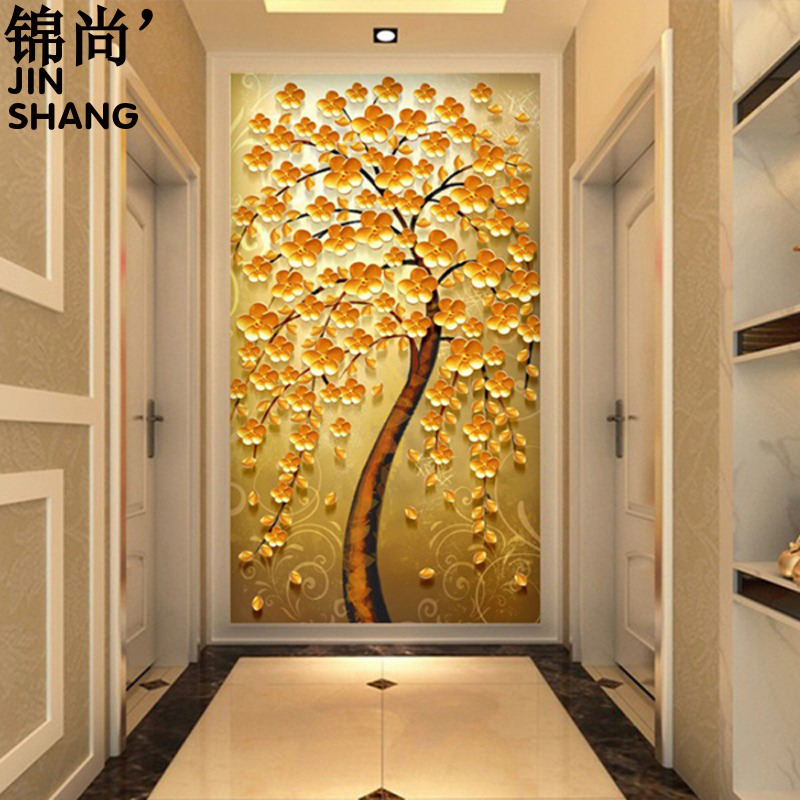 3D抽象黄金发财树玄关壁纸过道走廊背景墙纸墙布欧式竖版装饰壁画图片