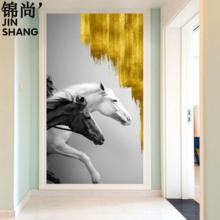 简约现代玄关黑白骏马金箔马到成功壁纸走廊过道竖版装饰壁画墙布