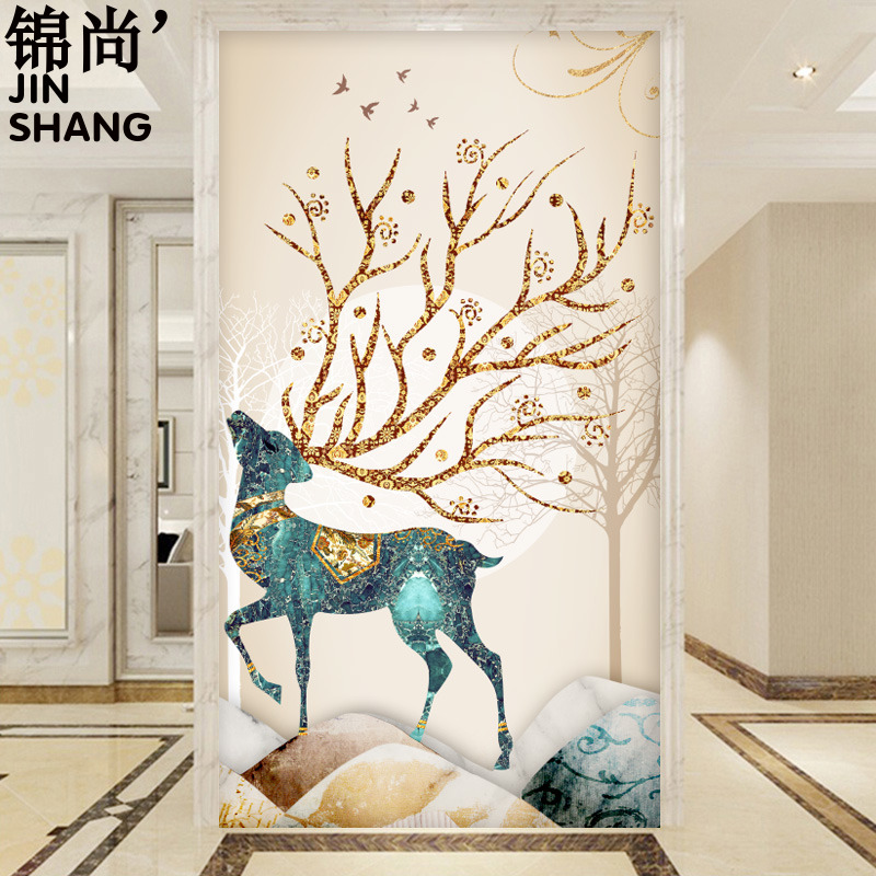 现代简约玄关壁纸装饰画走廊过道竖版背景墙壁画美式轻奢麋鹿墙布图片
