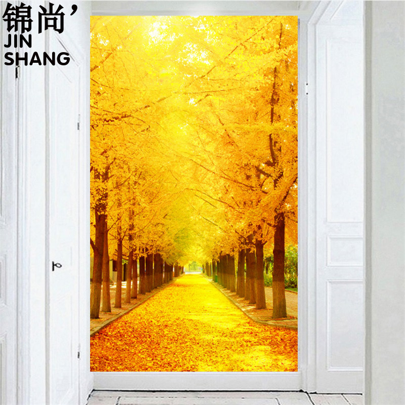 3D立体玄关竖版走廊过道油画风景黄金大道满地发财背景墙壁纸壁画