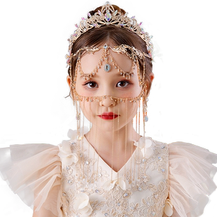 女童皇冠头饰儿童演出走秀额饰流苏面帘套装公主女孩生日拍照王冠