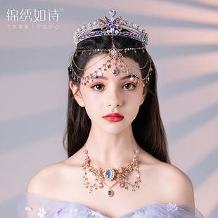 新款紫色皇冠额饰眉心坠项链头饰套装女童演出走秀生日摄影发饰品