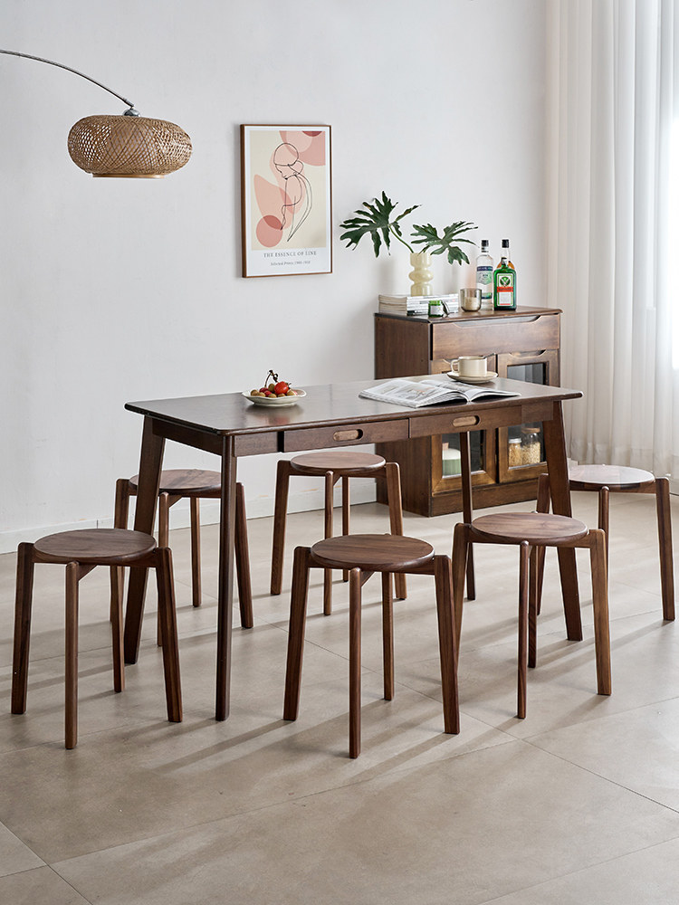 北美黑胡桃纯实木凳子可堆叠圆凳子客厅家庭餐桌长凳餐椅小凳子低