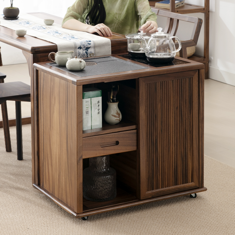 胡桃木茶水柜烧水壶一体可移动泡茶台实木茶车带轮茶边几功夫茶桌