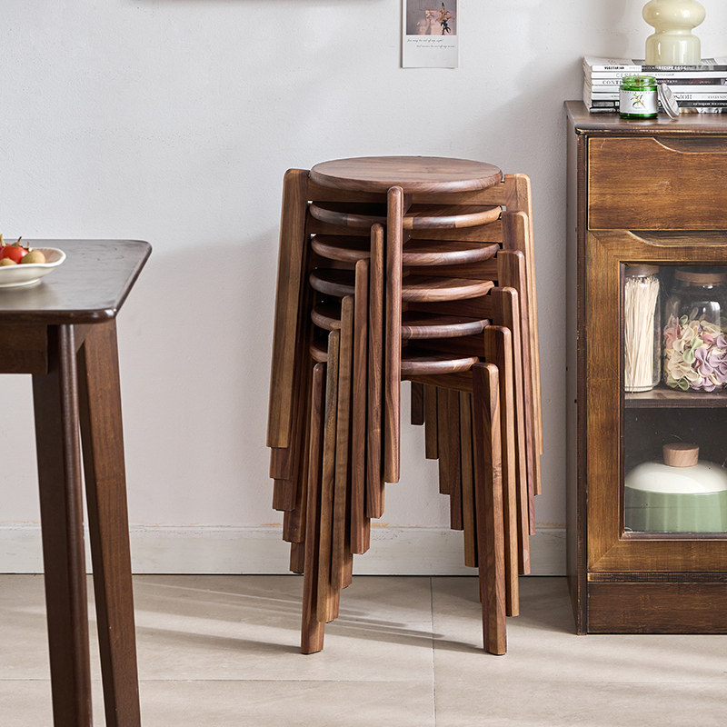 北美黑胡桃纯实木凳子可叠放圆凳客厅家用餐桌板凳餐椅小凳子矮凳