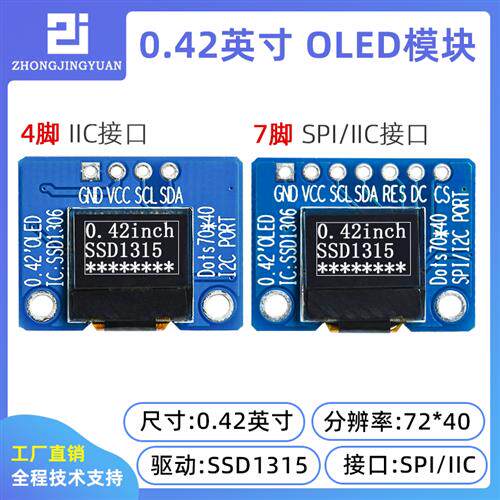 0.42吋OLED显示萤幕模组 高亮度72x40 SPI/IIC介面 SSD1306液晶显