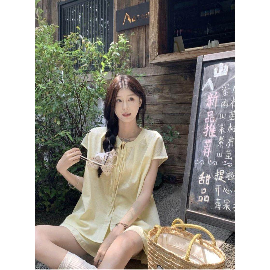 小个子甜美时尚套装女夏季奶黄色宽松系带短袖衬衫上衣阔腿短裤潮