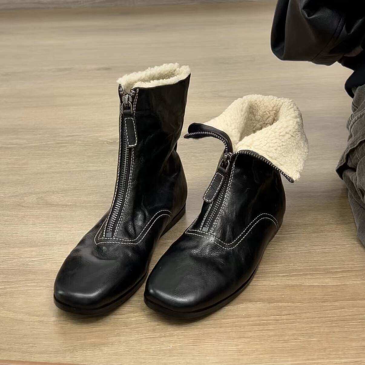 羊皮版翻折两穿马丁靴女粗跟复古冬季加绒保暖前拉链短靴瘦瘦靴子