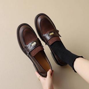 真皮英伦学院风金币乐福鞋女加绒秋冬新款粗跟小皮鞋百搭拼色单鞋
