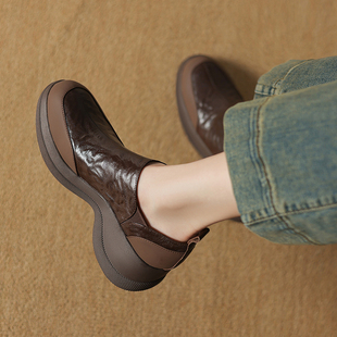 软羊皮舒适厚底乐福鞋女2026春秋季真皮增高小皮鞋不累脚深口单鞋