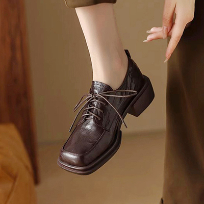 软羊皮赫本风方头乐福鞋