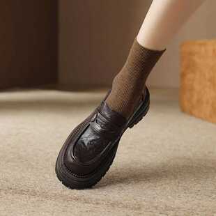 真皮软羊皮厚底乐福鞋女2024秋款英伦学院风小皮鞋一脚蹬松糕单鞋