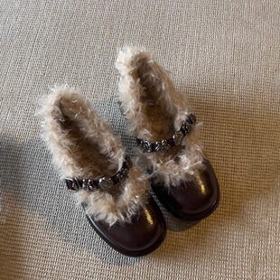 软羊皮~5cm法式乐福鞋女加绒保暖毛毛玛丽珍棉鞋金属扣一字带单鞋