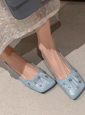羊皮版内增高单鞋女2025夏秋季新款浅蓝色铆钉方头浅口一脚蹬瓢鞋