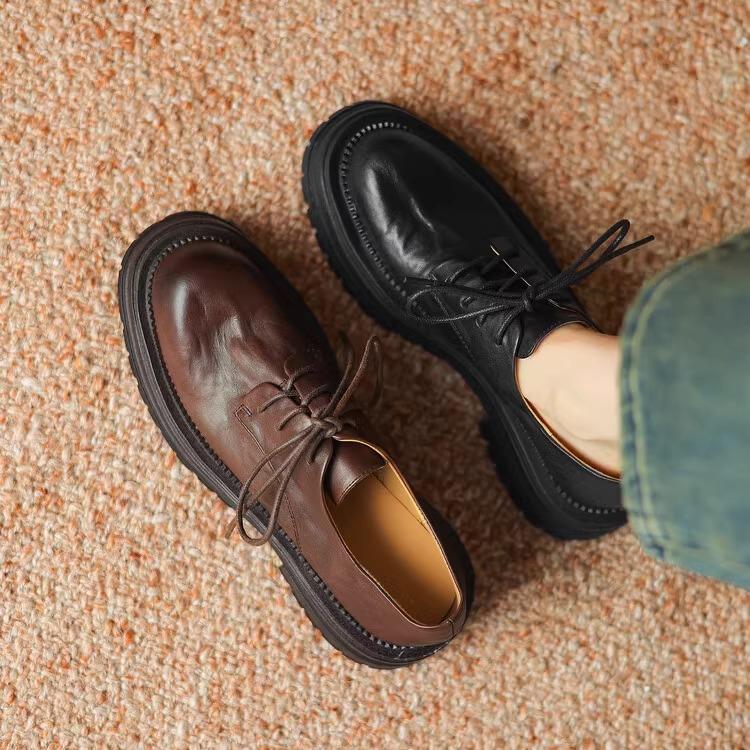 真皮~英伦风系带小皮鞋女厚底