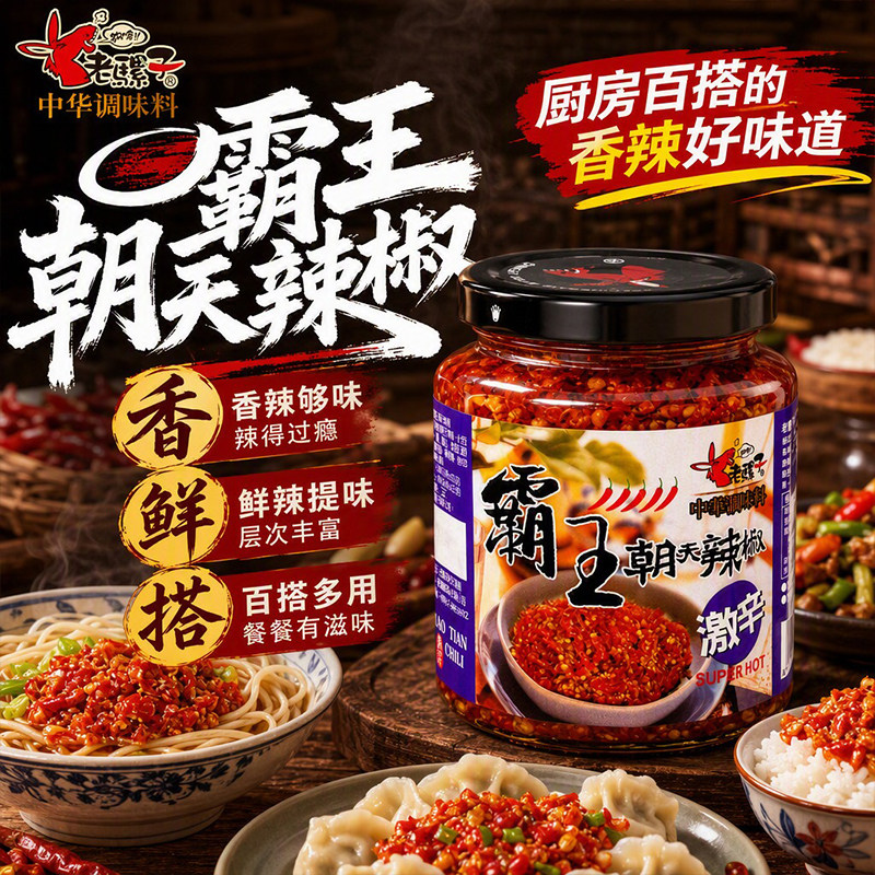霸王朝天辣椒老骡子辣椒酱开胃下饭饺子蘸酱激辛香辣剁酱瓶装240g