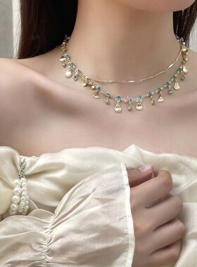 宫廷风双层叠戴贝壳吊坠项链女锁骨链蓝色小众精致