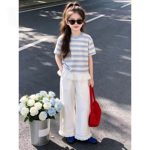女童短袖T恤套装夏季2026新款儿童洋派条纹上衣女大童夏装阔腿裤