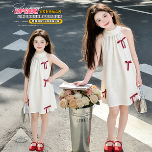 女大童夏季无袖背心裙2026新款中大童甜美时尚蝴蝶结挂脖连衣裙潮