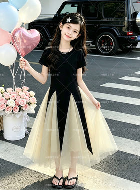 女童连衣裙儿童拼接网纱长裙2026新款女孩夏装韩版裙子气质大摆裙