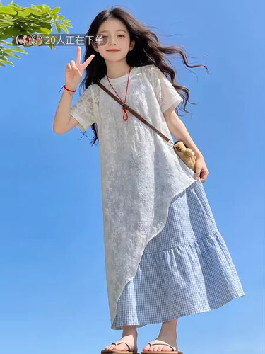 2026超火女童裙子套装夏季2026新款儿童格子裙女孩大童薄款连衣裙