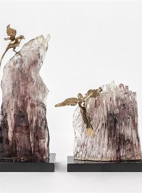 新中式轻奢软装样板间书房透明树脂假山石景铜鸟抽象雕塑装饰摆件