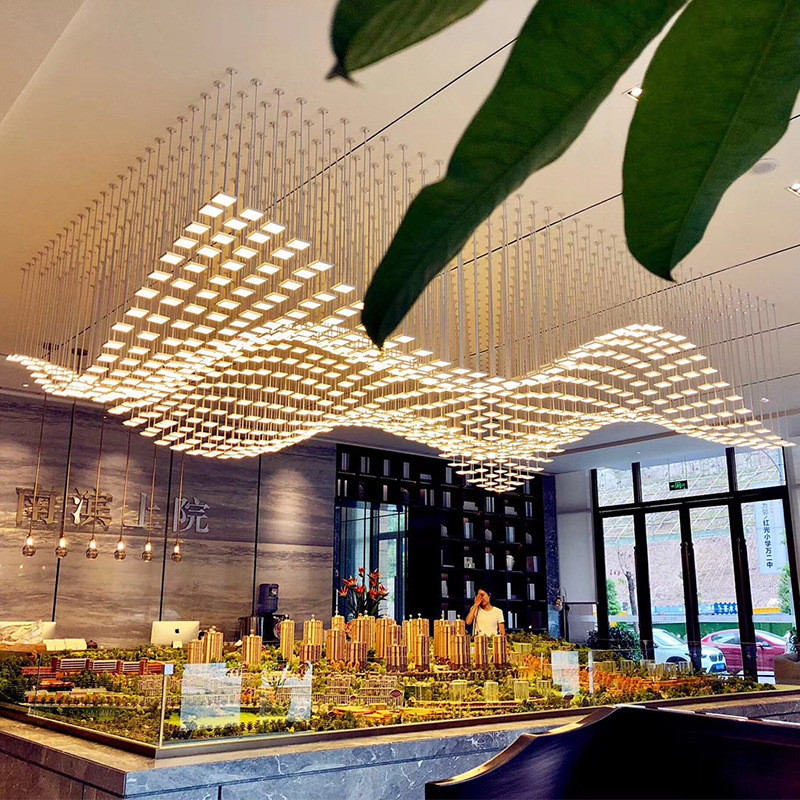 简约创意酒店大堂售楼部沙盘区餐厅方格子波浪海浪造型LED吊灯