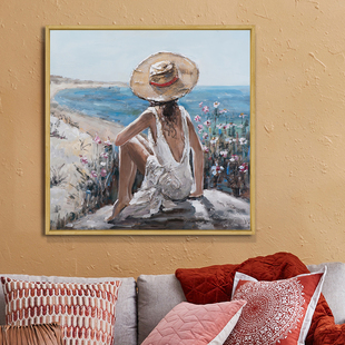 女人复古油画布装 饰画可爱少女田野海边壁画北欧轻奢卧室客厅挂画