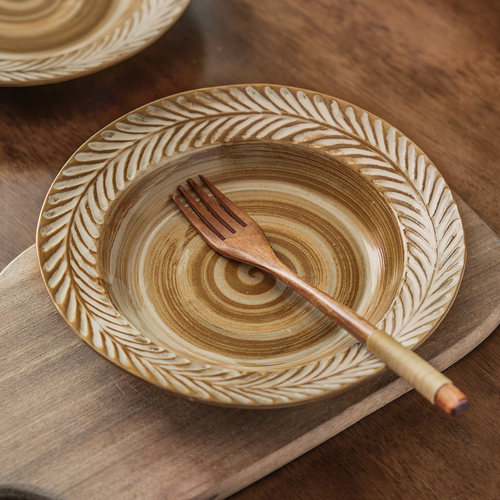 做旧麦穗草帽碗日式粗陶意面盘