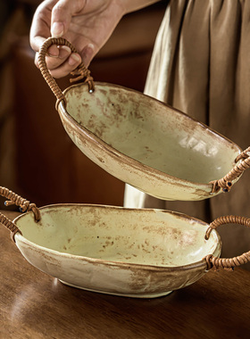 日式手作麻绳椭圆碗复古双耳碗粗陶异形沙拉碗不规则水果碗拉面碗