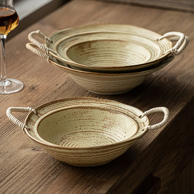 吉田成器 麻绳双耳粗陶碗 复古做旧草帽碗意面碗家用面碗汤菜碗