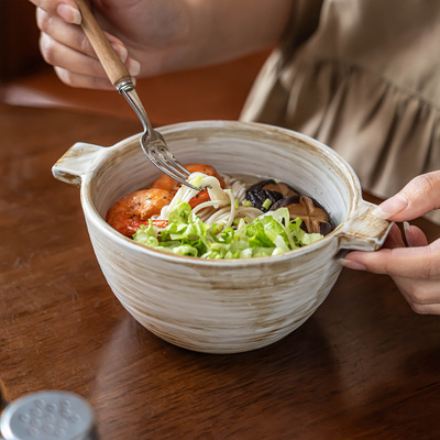 双耳碗日式粗陶碗家用复古做旧