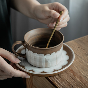 高颜值复古手绘 粗陶咖啡杯碟下午茶陶瓷咖啡杯套件家用早餐杯