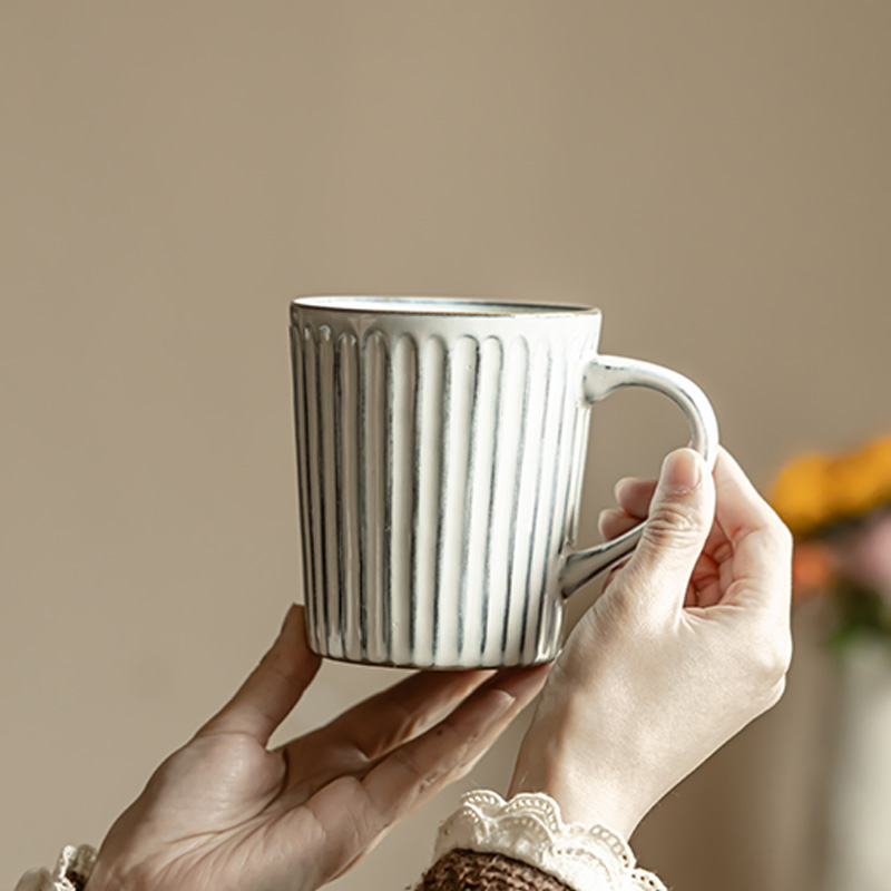 马克杯复古线条陶瓷杯日式家用喝水杯简约早餐牛奶燕麦杯咖啡杯子