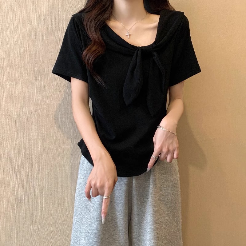 红色V领正肩褶皱短袖T恤女2025夏季大码胖mm海军领蝴蝶结披肩上衣