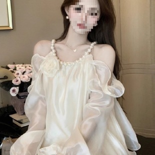 绝美挂脖上衣宫廷风一字肩雪纺衬衣 法式 荷叶边超仙衬衫 女秋季
